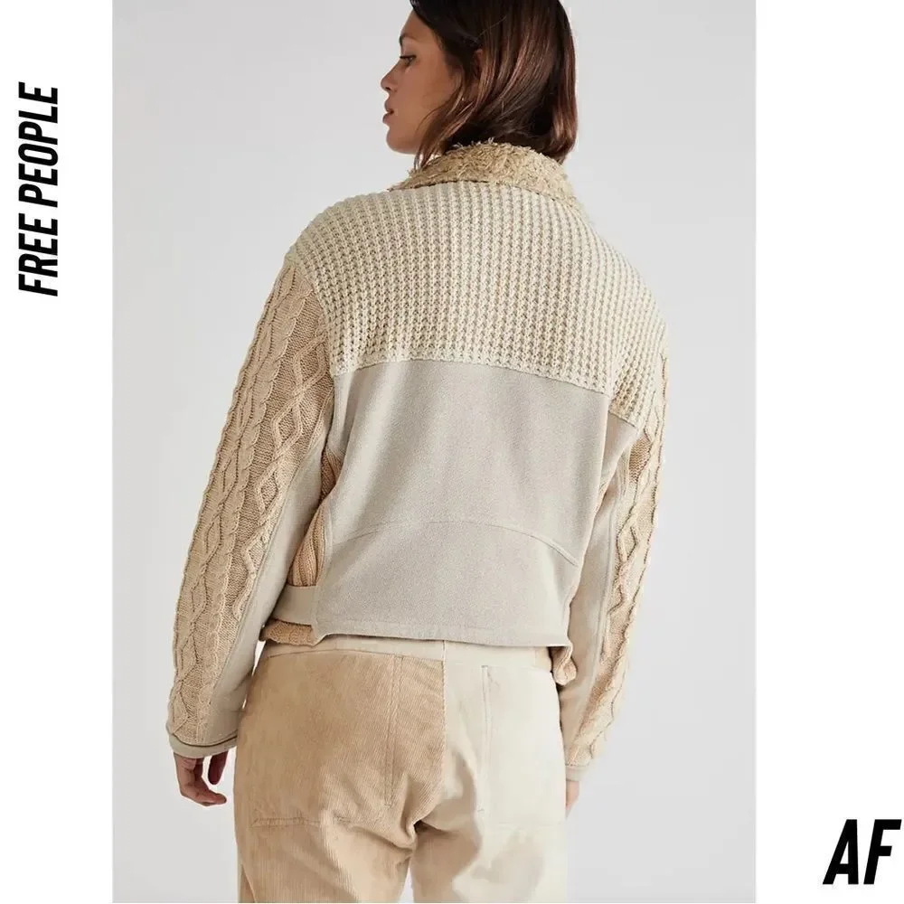 FREE PEOPLE COZY KNIT MIX MOTO JACKET NWT SIZE LARGE CREAM TAN
